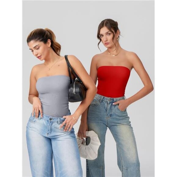 Womens Tube Bodysuits Strapless Basic Red - Picture 6 of 6